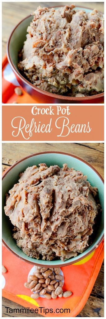 Super easy Homemade Crock Pot Refried Beans Recipe! Perfect for Mexican night, taco night, or burritos! This slow cooker recipe makes family dinners quick and easy to prepare!