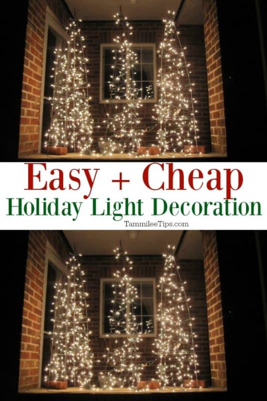 Easy & Cheap holiday light decoration with two photos of tomato cage lighted trees