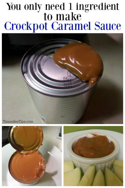 Collage of caramel sauce in a can and bowl 
