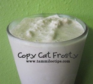 copy cat frosty in a glass in front of a green wall
