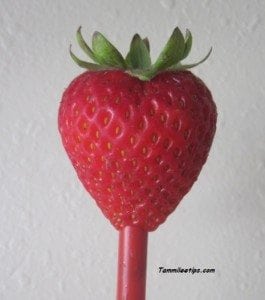 Straw going into the bottom of a strawberry