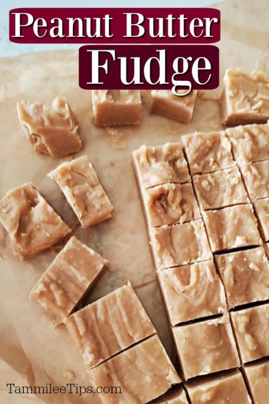 Peanut Butter fudge over parchment paper covered in squares of fudge