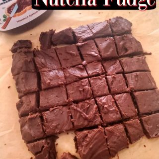 2 Ingredient Nutella Fudge text printed over pieces of Nutella Fudge on parchment paper