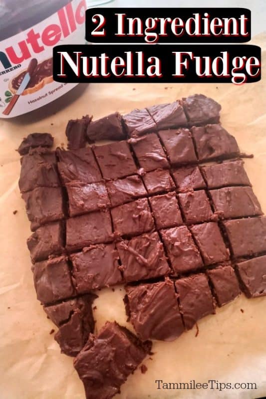 2 Ingredient Nutella Fudge text over a parchment paper with fudge and a jar of Nutella 