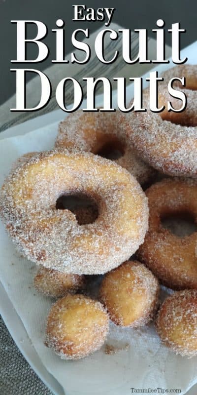 Easy Biscuit donuts over a platter of donuts and donut holes