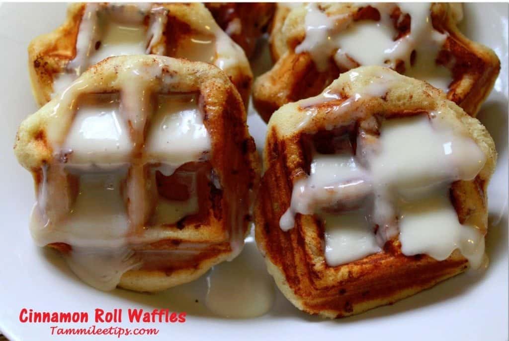 Cinnamon roll waffles on a white plate