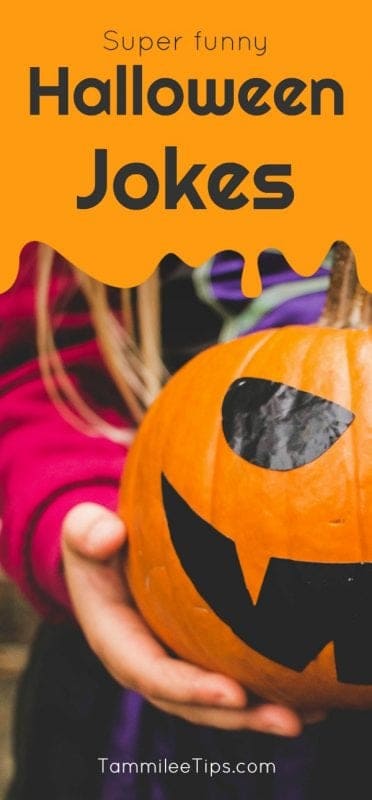Super funny Halloween jokes over a hand holding a pumpkin