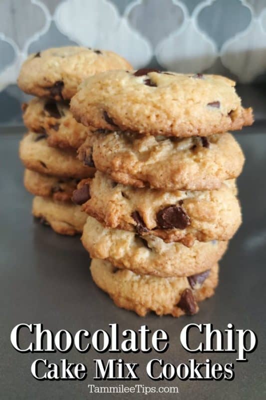 Chocolate chip cake mix cookies below a stack of chocolate chip cookies