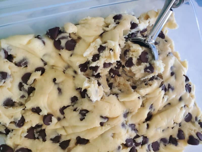 cookie scoop in chocolate chip cake mix cookie dough