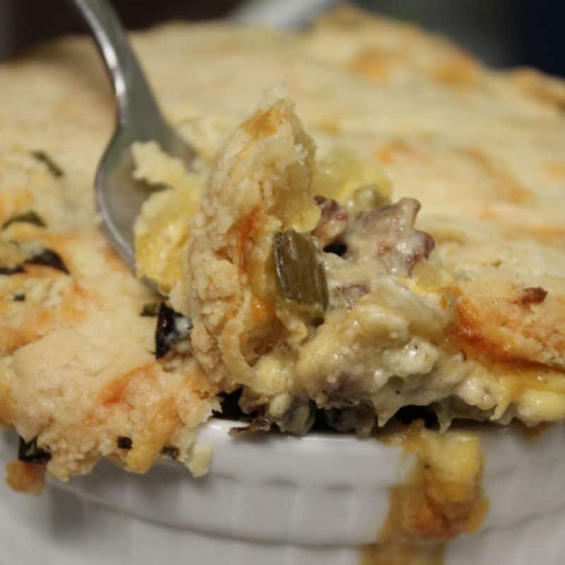 bacon pot pie in a white baking dish