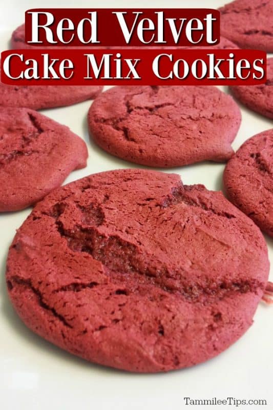 Red Velvet Cake Mix Cookies text over a white plate with red cookies