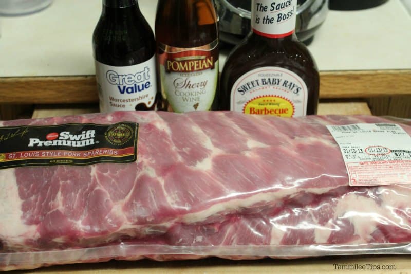 ribs next to Worcestshire sauce, sherry cooking wine, sweet baby rays bbq sauce. 