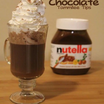 Nutella hot chocolate text printed over a coffee mug with Nutella Hot Chocolate and whip Cream next to a Nutella Jar