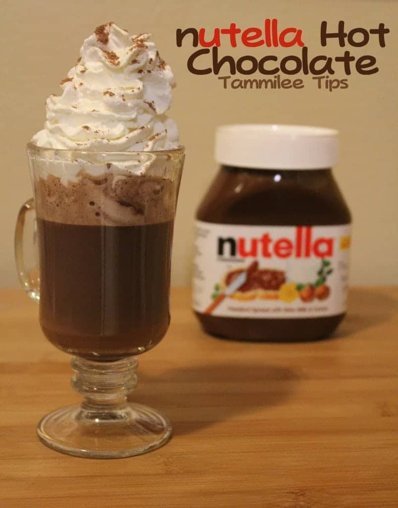 Nutella hot chocolate text printed over a coffee mug with Nutella Hot Chocolate and whip Cream next to a Nutella Jar