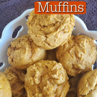 3 ingredient pumpkin spice muffins text over a bowl filled with pumpkin muffins