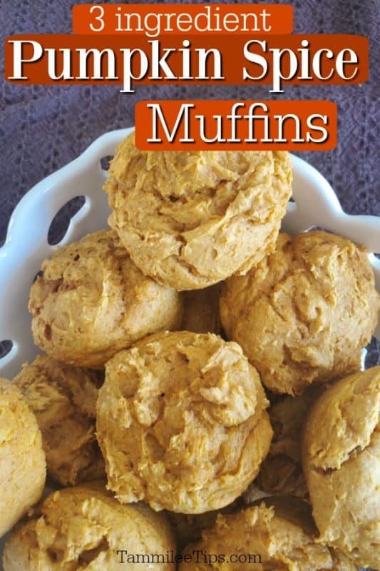 3 Ingredient Pumpkin Spice Muffins text over a white bowl with pumpkin spice muffins