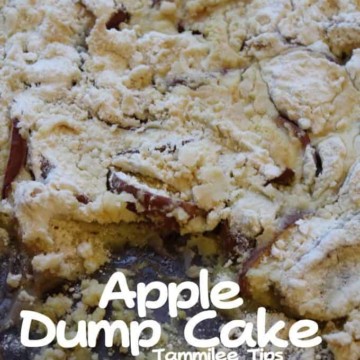 Apple Dump Cake text below a cake pan filled with dump cake