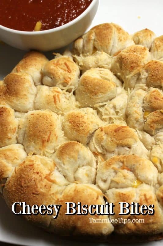 Cheesy Biscuit Bites text below a plate of biscuits and a bowl of marinara sauce