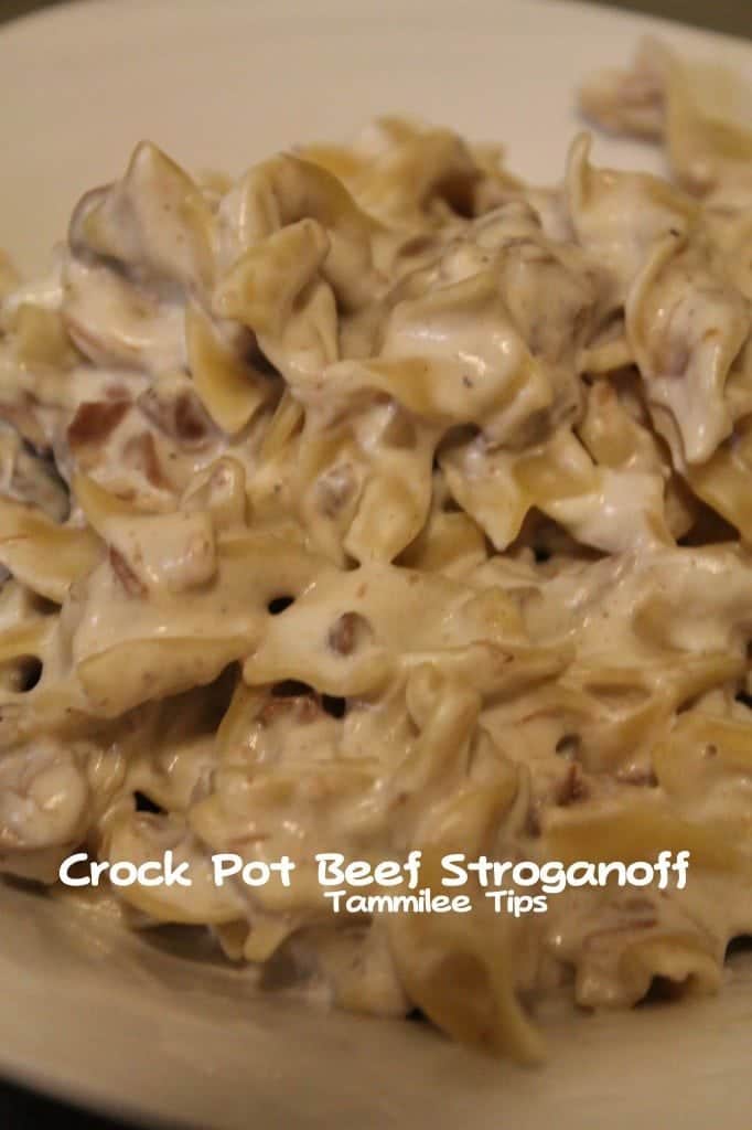 Crock Pot Beef Stroganoff text over a white plate filled with Crock Pot Beef Stroganoff Recipe