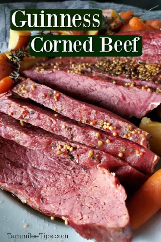 Guinness Corned Beef over corned beef, carrots, and potatoes on a white platter