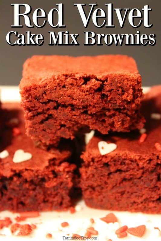 Red Velvet Cake Mix Brownies over a stack of red brownies with heart sprinkles