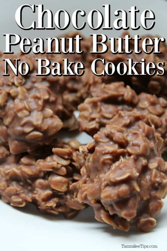 Chocolate Peanut Butter No Bake Cookies text over a white plate filled with cookies