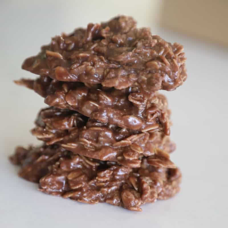Chocolate Peanut Butter No-Bake Cookies stacked on a white plate
