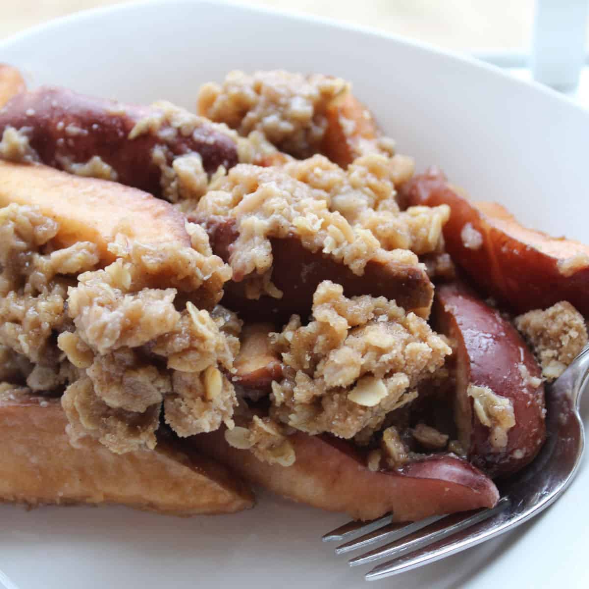 Crock Pot Apple Crisp on a white plate with a fork