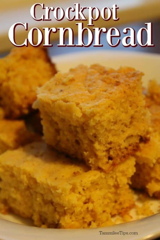 Crockpot Cornbread over a plate of cornbread squares