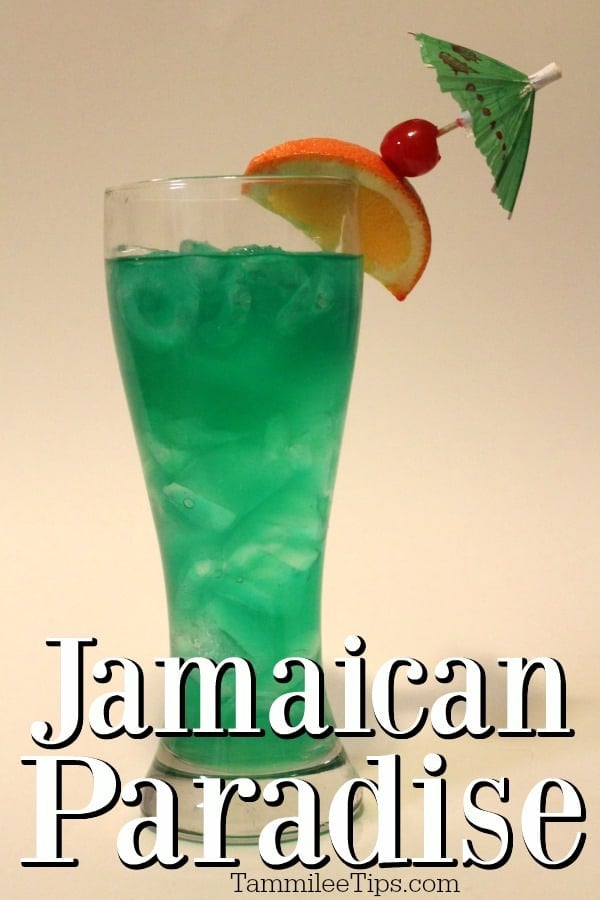 Jamaican Paradise text over a bright green cocktail in a tall glass with a tropical umbrella