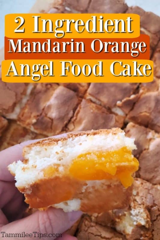 2 Ingredient Mandarin Orange Angel Food Cake text over a hand holding a square of cake 