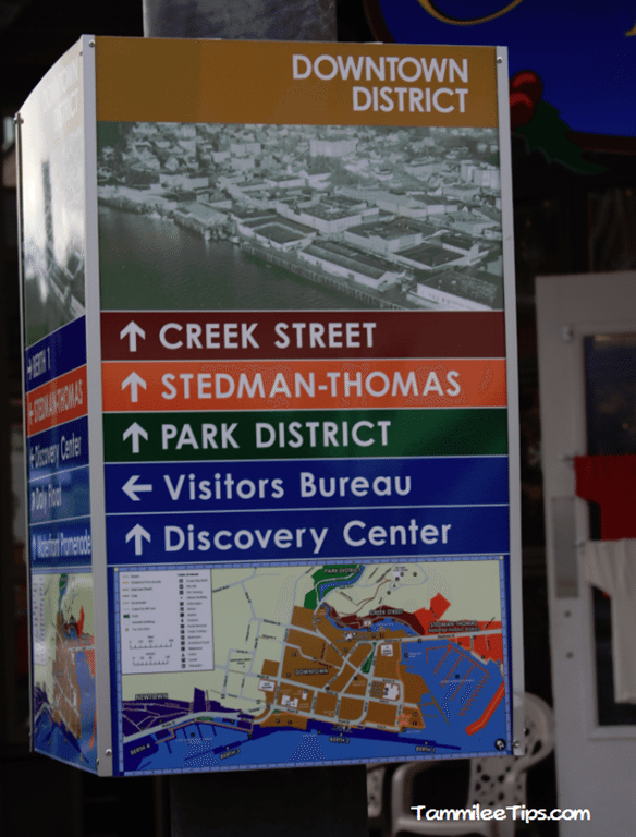 Downtown District Ketchikan map with creek street, park district, discovery center signs