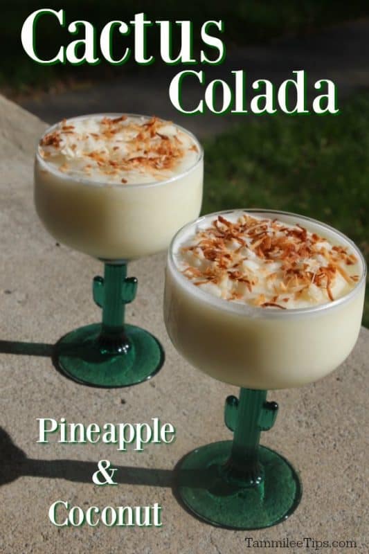 Cactus Colada text over two cactus glasses with drinks