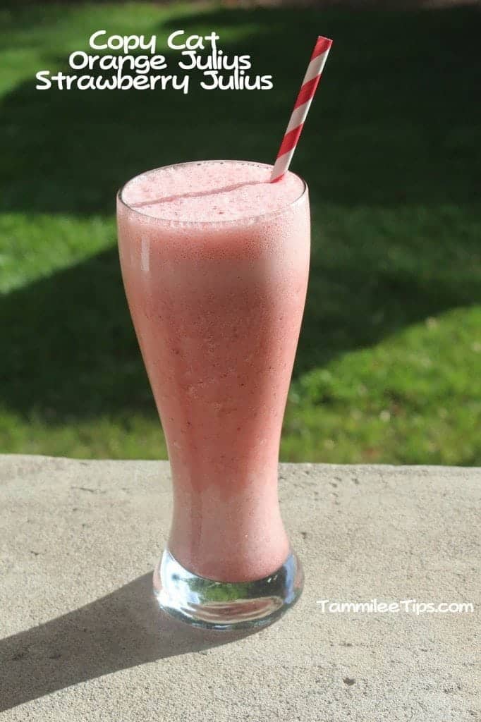 Copycat Orange Julius Strawberry Julius next to a tall glass with a pink drink
