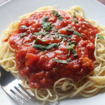 homemade tomato sauce on spaghetti noodles on a white plate next to a fork