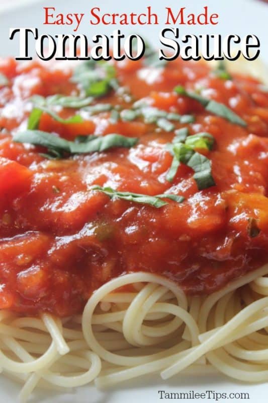 Easy scratch made tomato sauce over a plate with spaghetti, marinara sauce, and basil