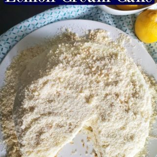 Olive Garden Lemon Cream Cake text over a plate with cake and lemons