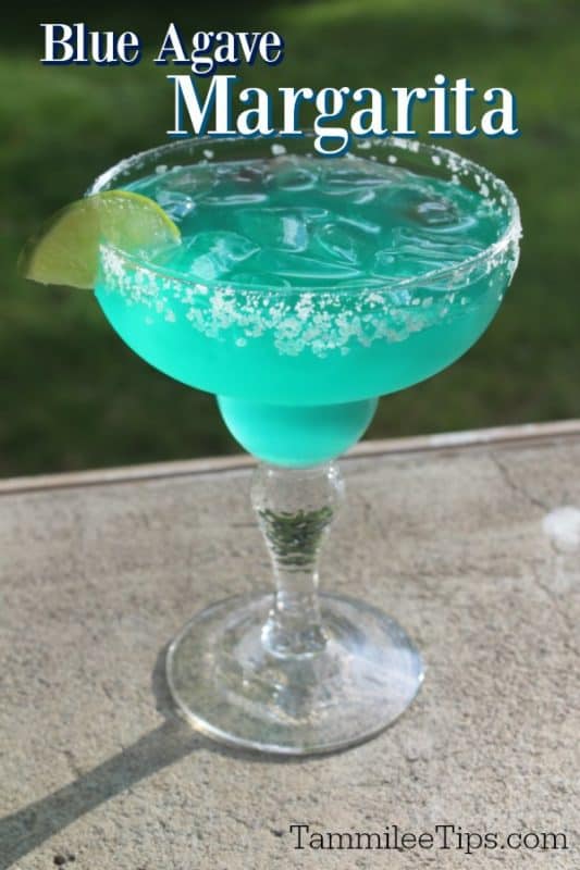 Blue Agave Margarita text over a bright blue margarita with lemon wedge