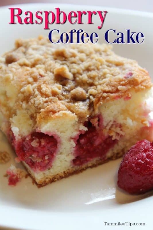 Raspberry Coffee Cake text over a square of coffee cake on a white plate