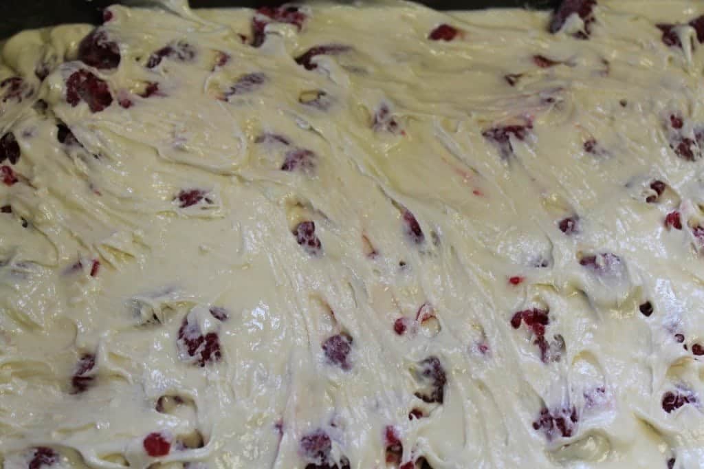 Raspberries mixed into batter in a cake pan before baking