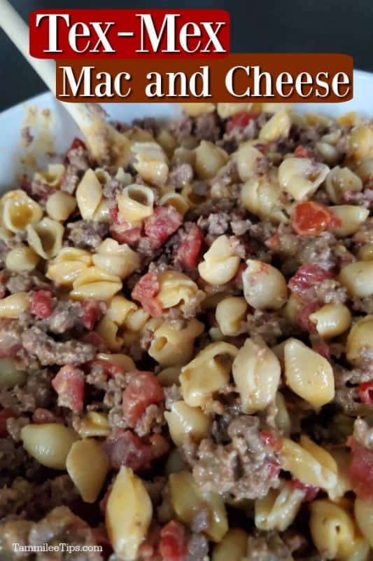 Tex Mex Velveeta Shells and Cheese over a bowl filled with velveeta shells and cheese, ground beef, and tomatoes