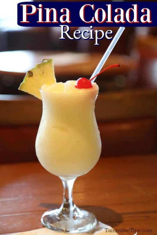 Pina colada recipe above a hurricane glass filled with a pina colada garnished with a pineapple wedge and maraschino cherry