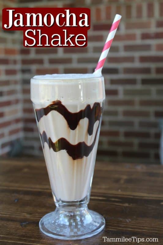Jamocha Shake text over a glass with chocolate swirls, milkshake, and a striped straw