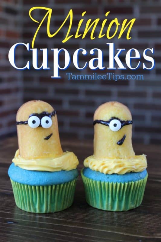 Minions Cupcakes text over two minion cupcakes on a wood board