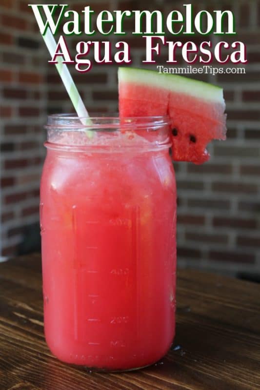 Watermelon Aqua Fresca over a large mason jar filled with Watermelon juice and a slice of watermelon