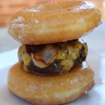 bacon cheeseburger between two Krispy Kreme donut buns.