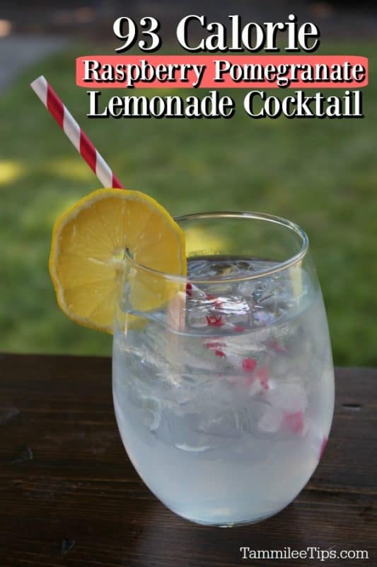 Raspberry Pomegranate Lemonade Cocktail over a glass with lemon wheel and paper straw