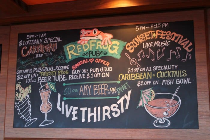 RedFrog Pub sign with Live Thirsty and drink specials 