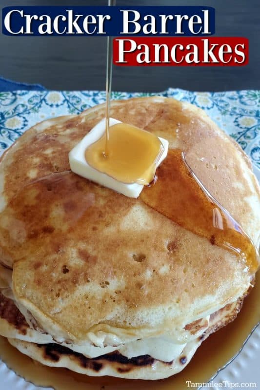 Cracker barrel pancakes over a plate of pancakes with butter and syrup pouring over the pancakes