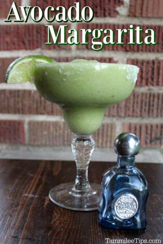 Avocado Margarita text printed over a margarita glass and small tequila bottle